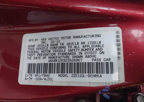 2002 Toyota Corolla Ce from USA, damaged, VIN 1NXBR12E92Z626067